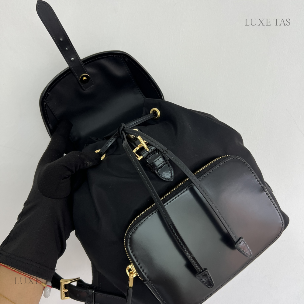 Black Re-Nylon and Brushed Leather Medium Leather Backpack for Women