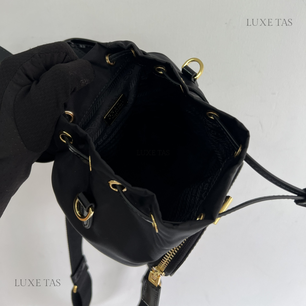 Black Re-Nylon and Brushed Leather Small Leather Backpack for Women