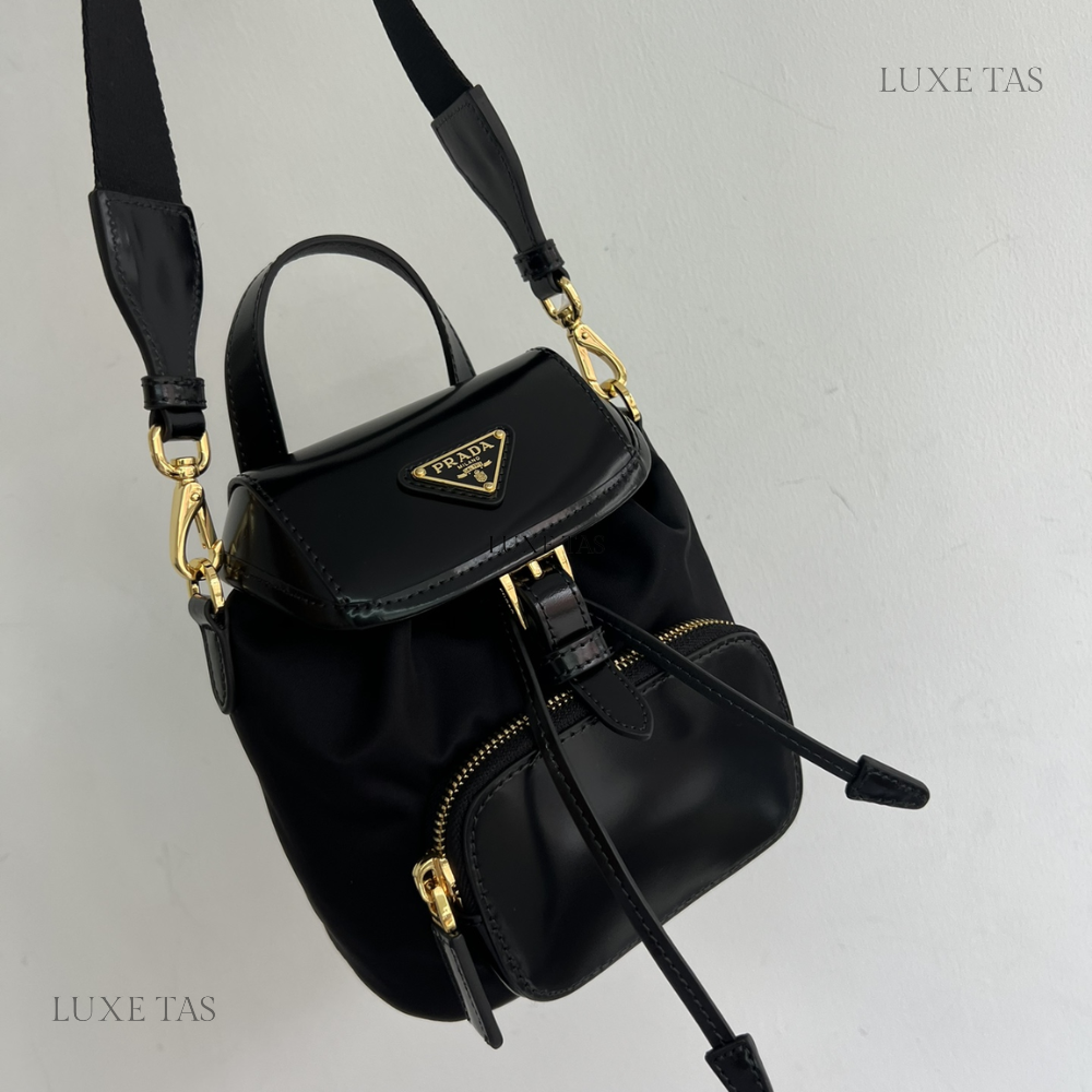 Black Re-Nylon and Brushed Leather Small Leather Backpack for Women