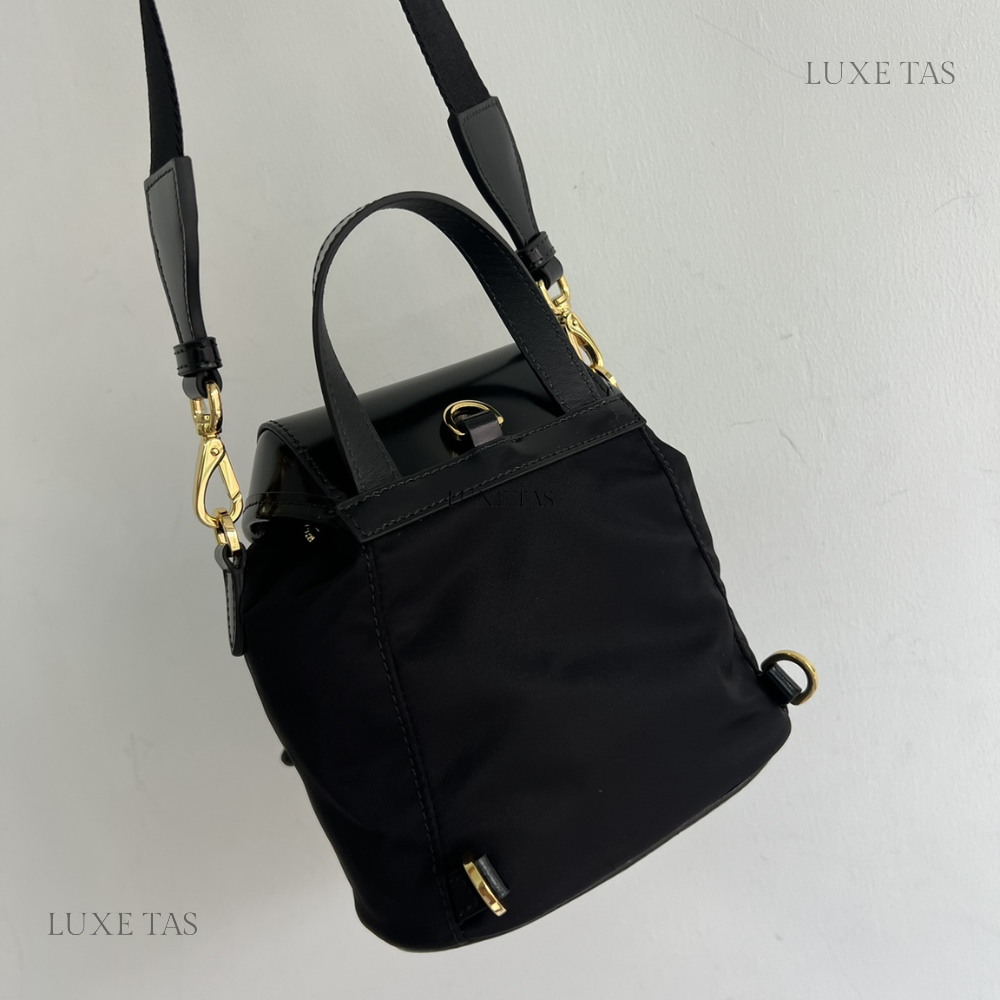 Black Re-Nylon and Brushed Leather Small Leather Backpack for Women