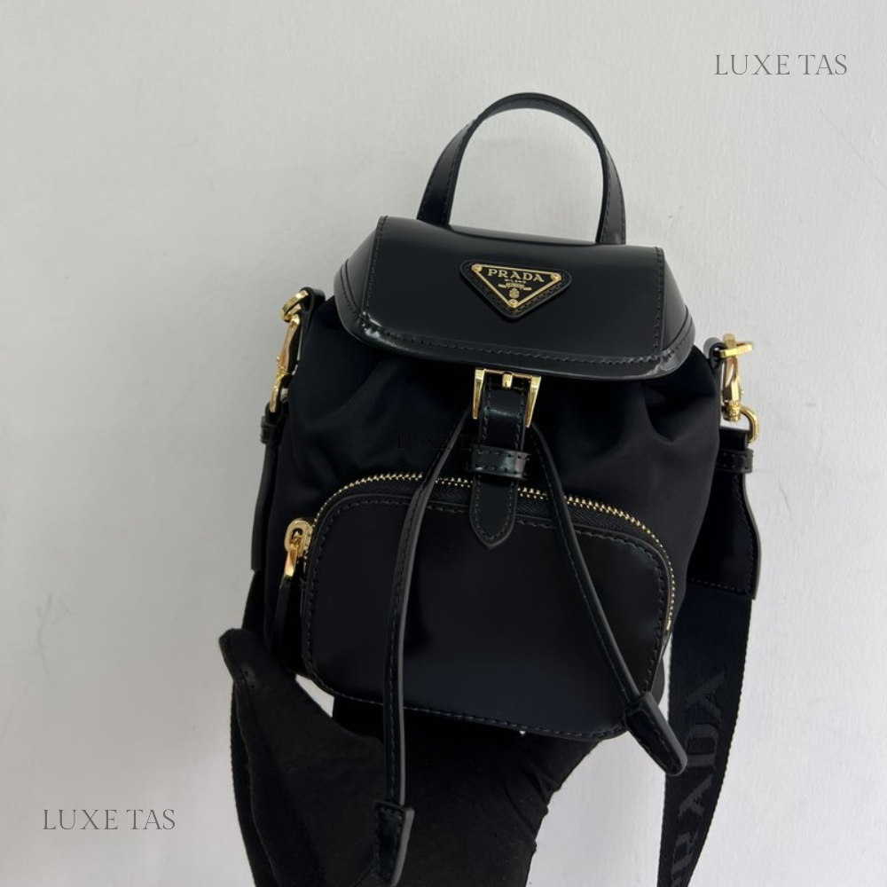 Black Re-Nylon and Brushed Leather Small Leather Backpack for Women
