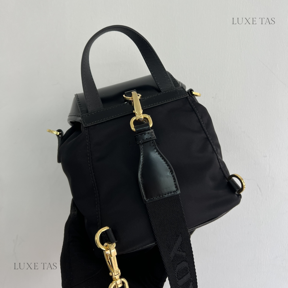 Black Re-Nylon and Brushed Leather Small Leather Backpack for Women