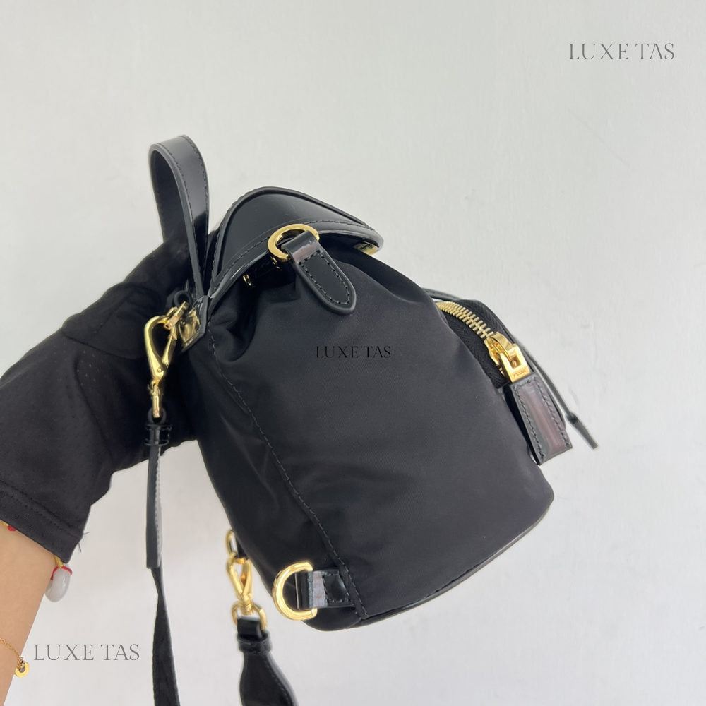 Black Re-Nylon and Brushed Leather Small Leather Backpack for Women