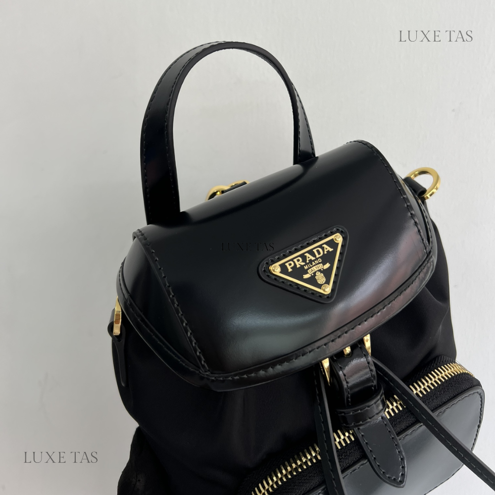 Black Re-Nylon and Brushed Leather Small Leather Backpack for Women
