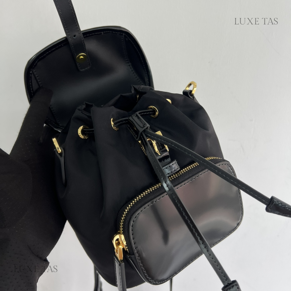 Black Re-Nylon and Brushed Leather Small Leather Backpack for Women