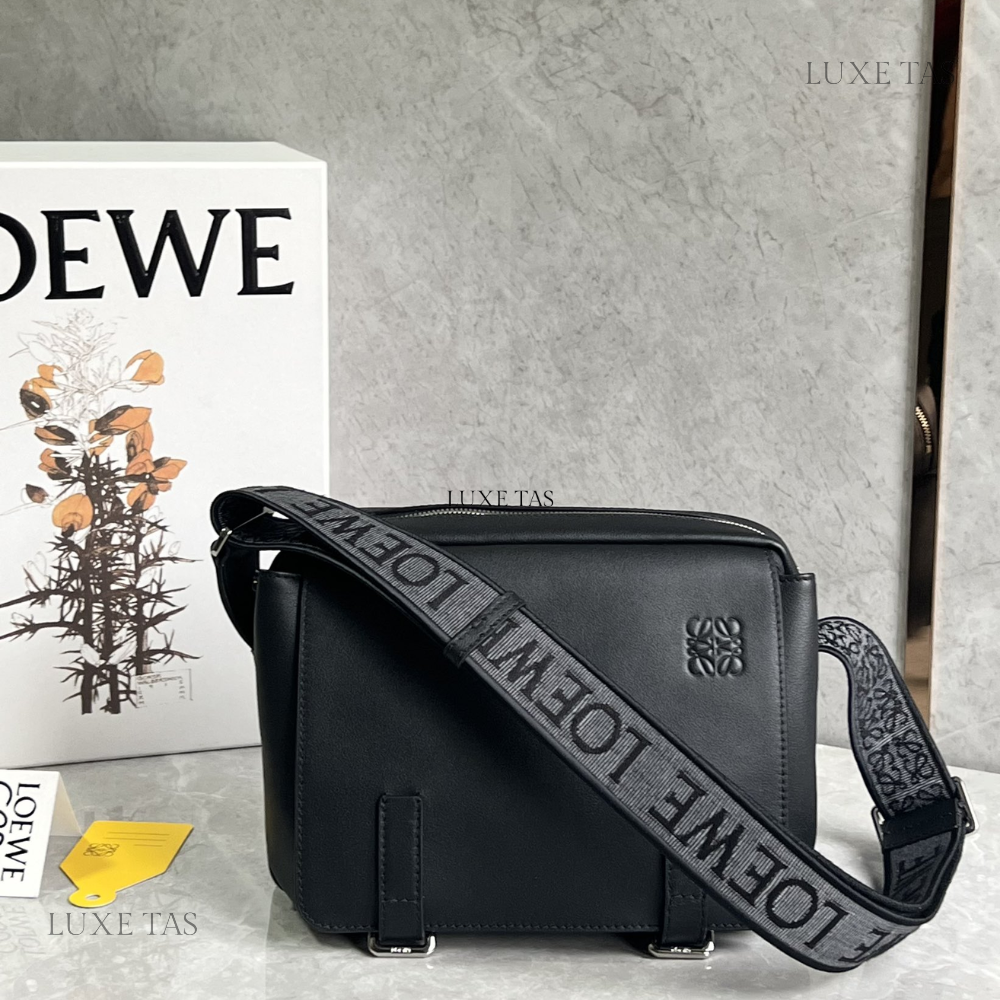 Black Xs Military Messenger Bag In Supple Smooth Calfskin And Jacquard - Leather Crossbody Bag for Men
