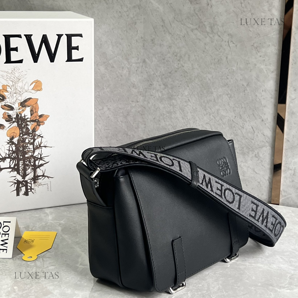 Black Xs Military Messenger Bag In Supple Smooth Calfskin And Jacquard - Leather Crossbody Bag for Men