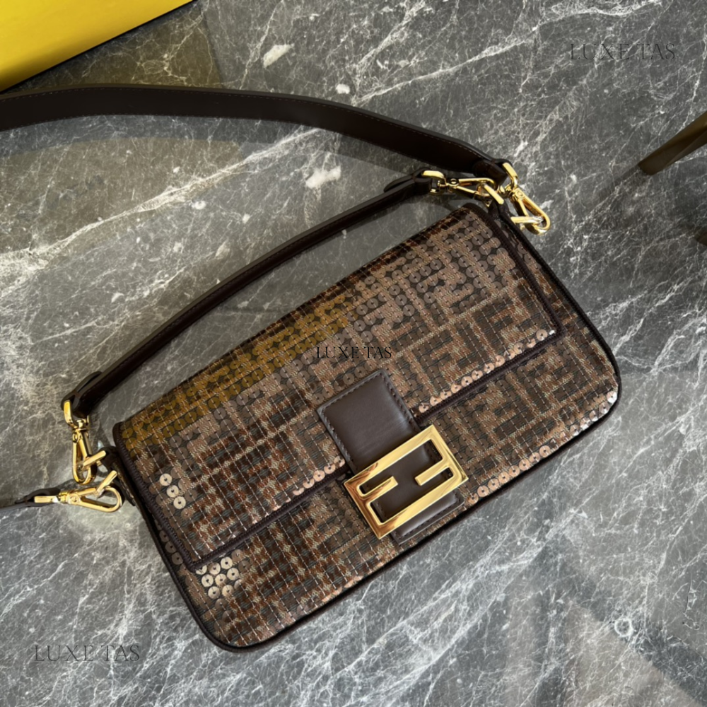 Brown FF Jacquard Fabric Bag With Sequins Baguette - Leather Handbag for Women