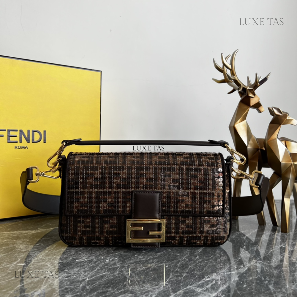 Brown FF Jacquard Fabric Bag With Sequins Baguette - Leather Handbag for Women