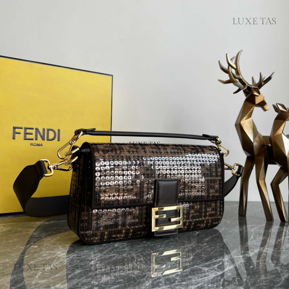 Brown FF Jacquard Fabric Bag With Sequins Baguette - Leather Handbag for Women