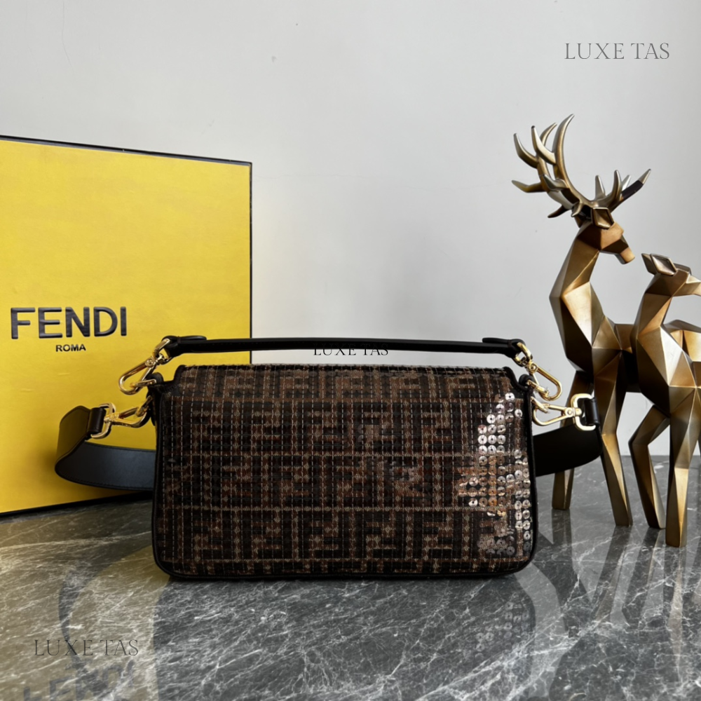 Brown FF Jacquard Fabric Bag With Sequins Baguette - Leather Handbag for Women