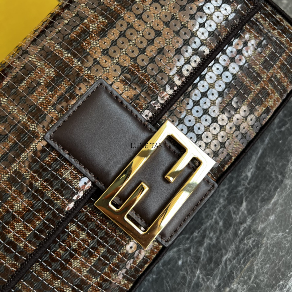 Brown FF Jacquard Fabric Bag With Sequins Baguette - Leather Handbag for Women