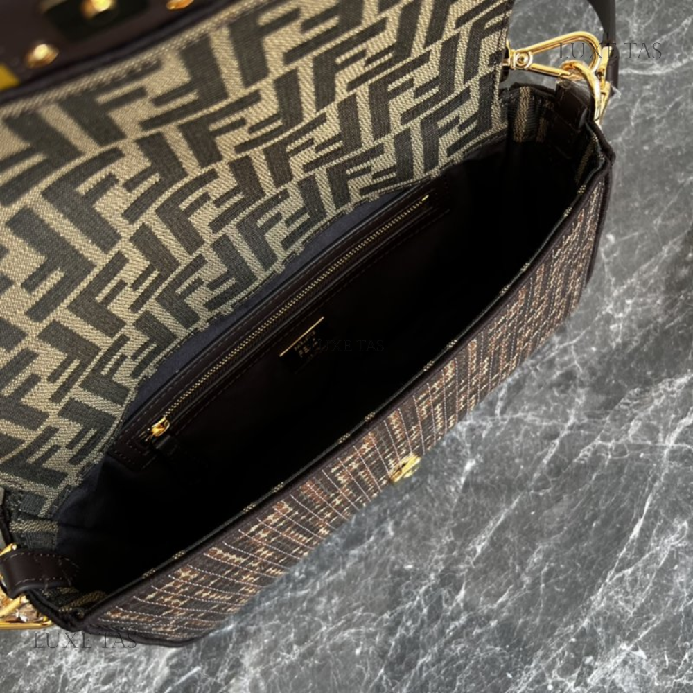 Brown FF Jacquard Fabric Bag With Sequins Baguette - Leather Handbag for Women