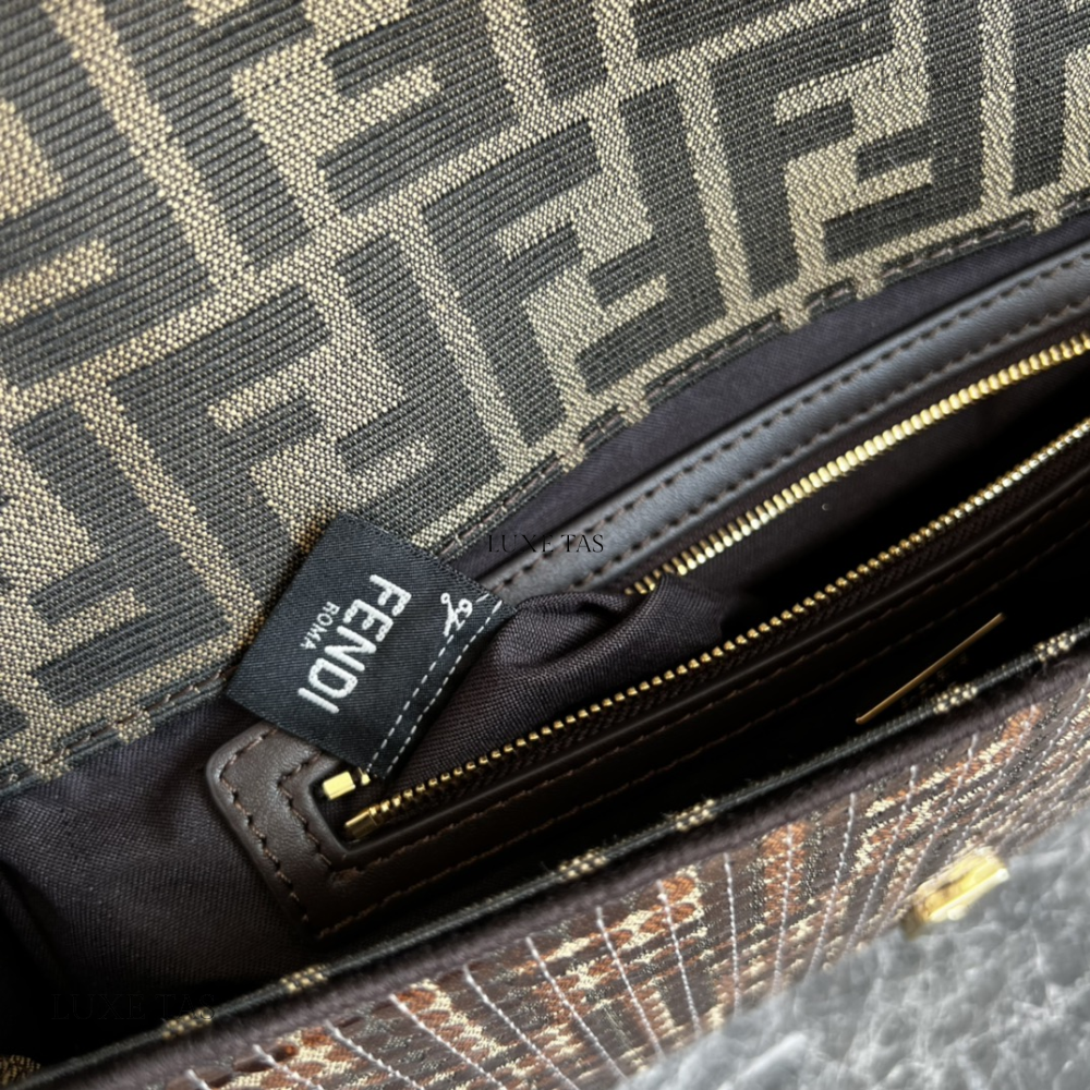Brown FF Jacquard Fabric Bag With Sequins Baguette - Leather Handbag for Women