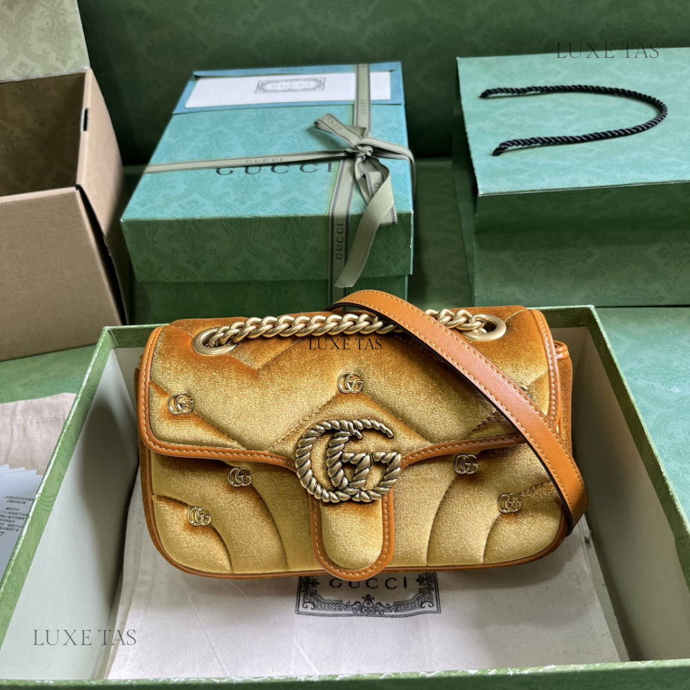 Dark Yellow Quilted Chevron Velvet GG Marmont Mini Shoulder Bag - Leather Shoulder Bag for Women