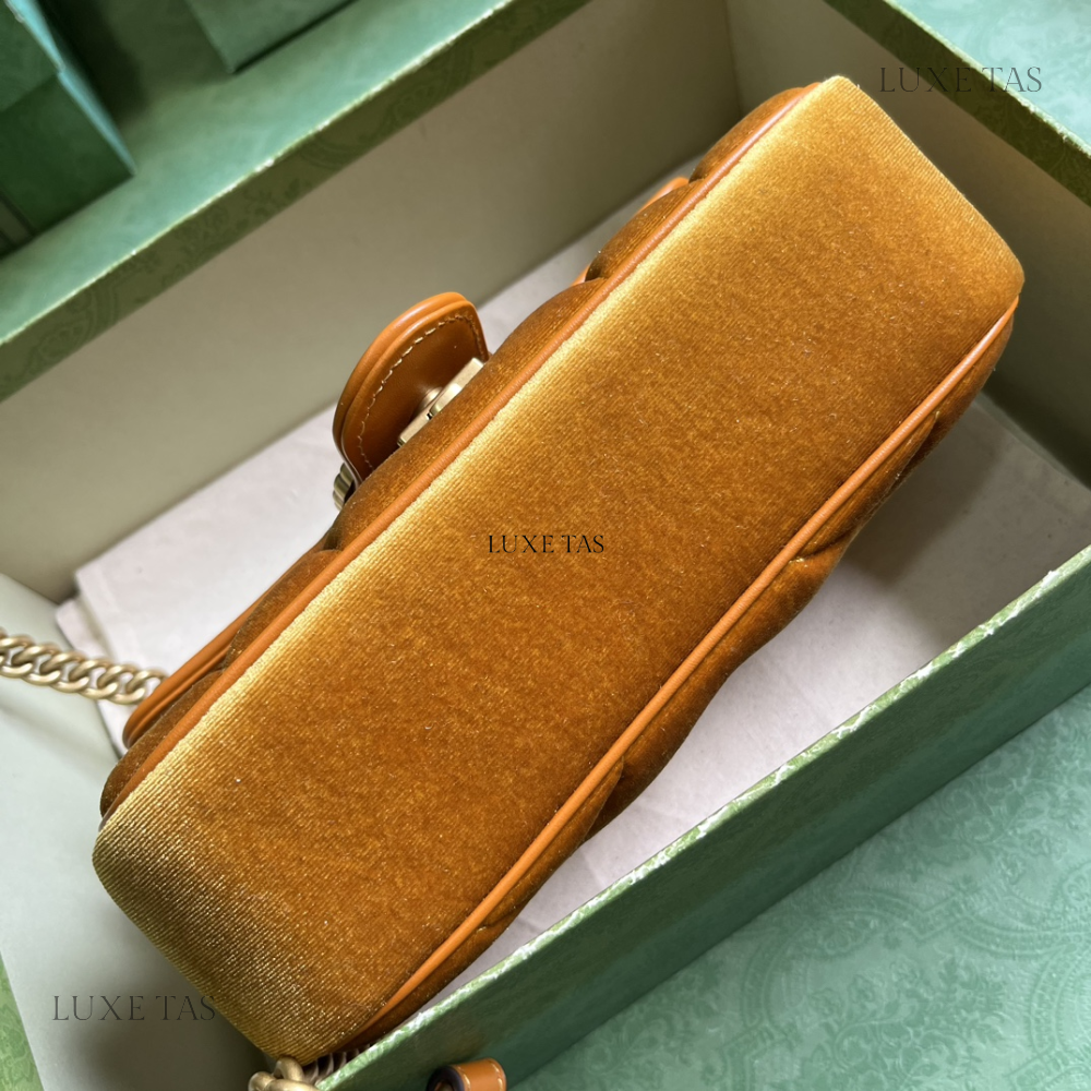 Dark Yellow Quilted Chevron Velvet GG Marmont Mini Shoulder Bag - Leather Shoulder Bag for Women
