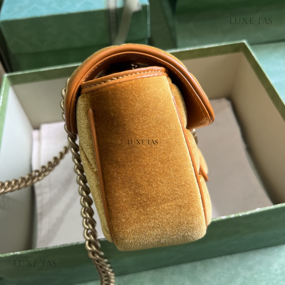 Dark Yellow Quilted Chevron Velvet GG Marmont Mini Shoulder Bag - Leather Shoulder Bag for Women