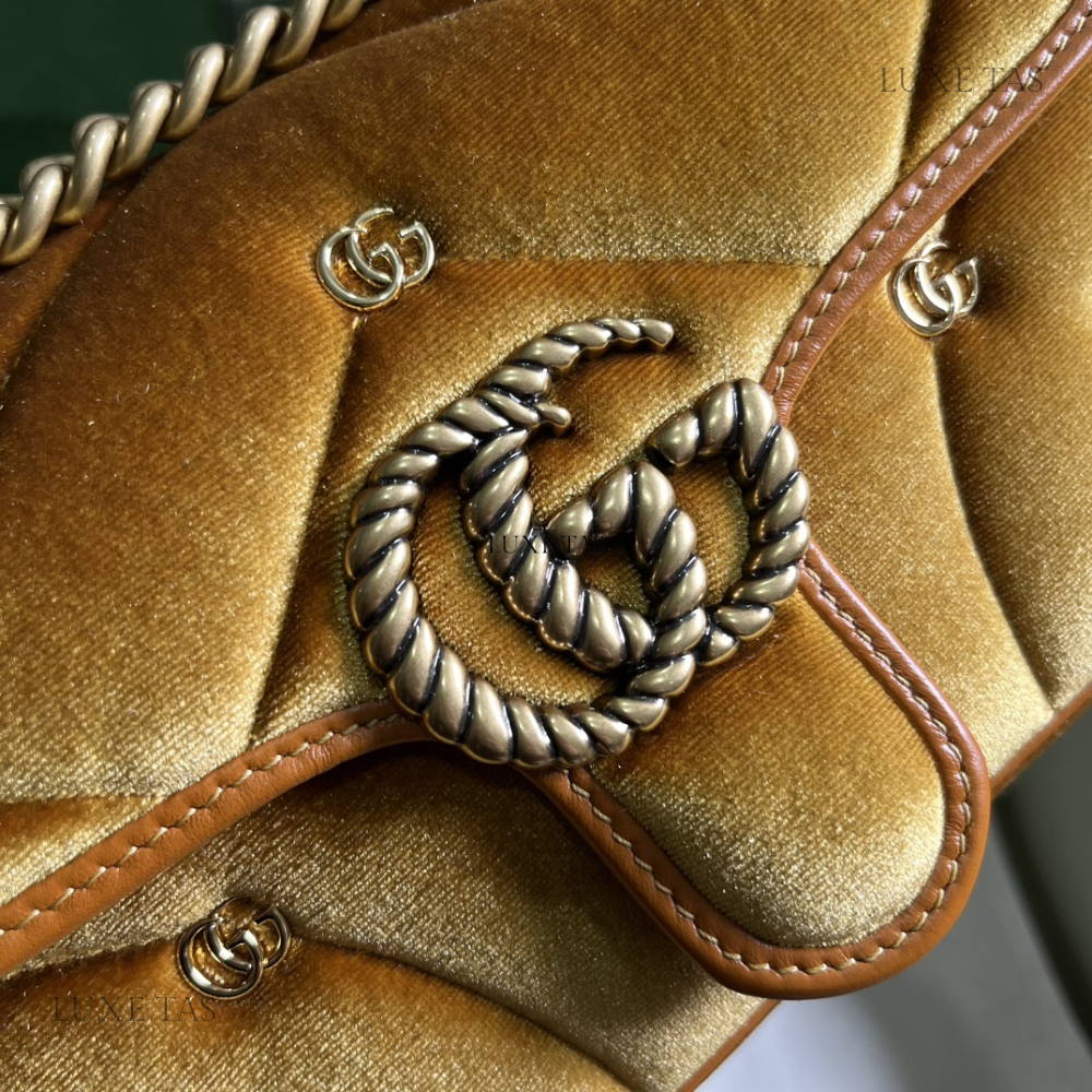 Dark Yellow Quilted Chevron Velvet GG Marmont Mini Shoulder Bag - Leather Shoulder Bag for Women