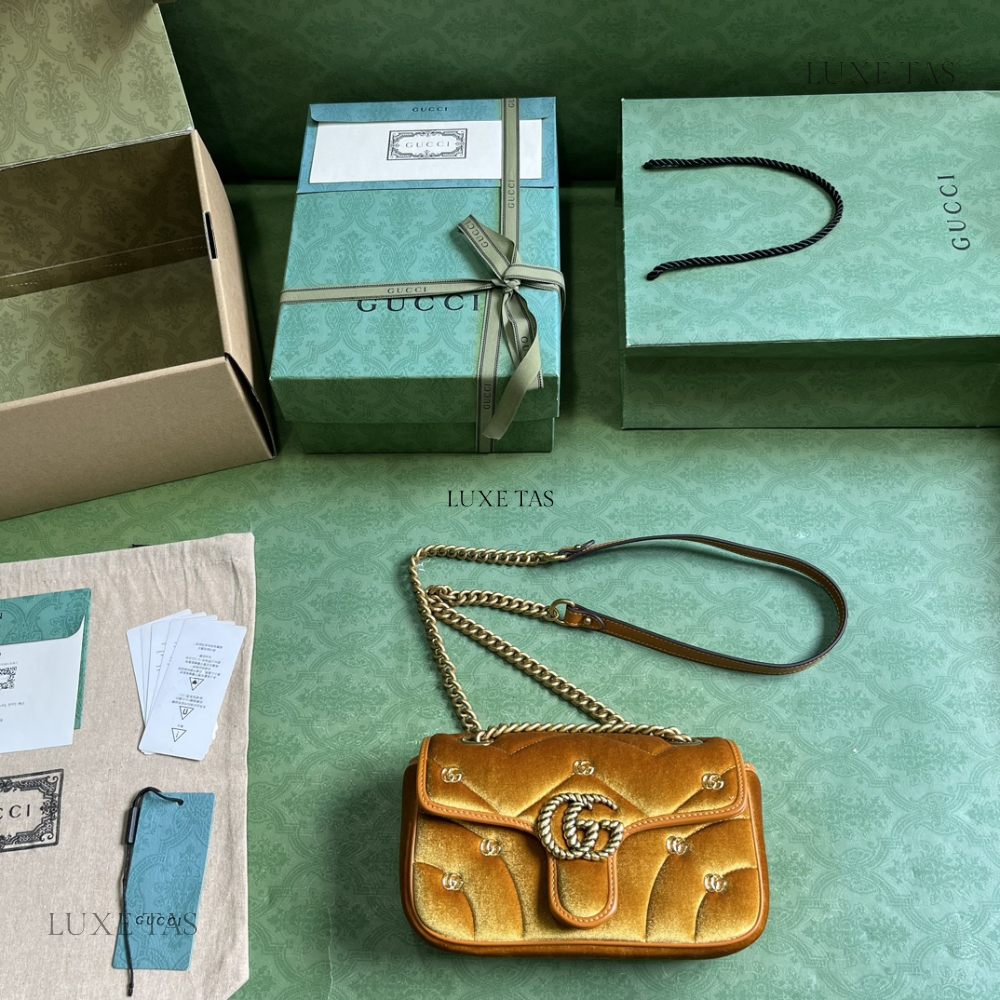 Dark Yellow Quilted Chevron Velvet GG Marmont Mini Shoulder Bag - Leather Shoulder Bag for Women