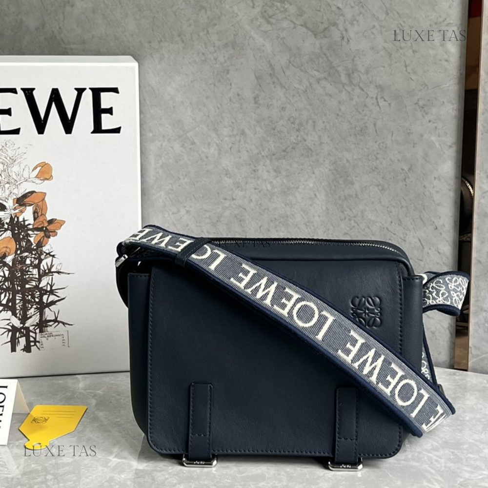 Deep Navy Xs Military Messenger Bag In Supple Smooth Calfskin And Jacquard - Leather Crossbody Bag for Men