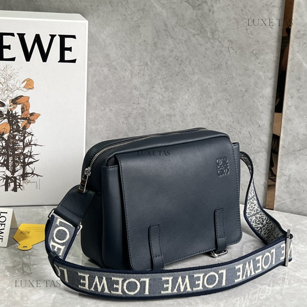 Deep Navy Xs Military Messenger Bag In Supple Smooth Calfskin And Jacquard - Leather Crossbody Bag for Men