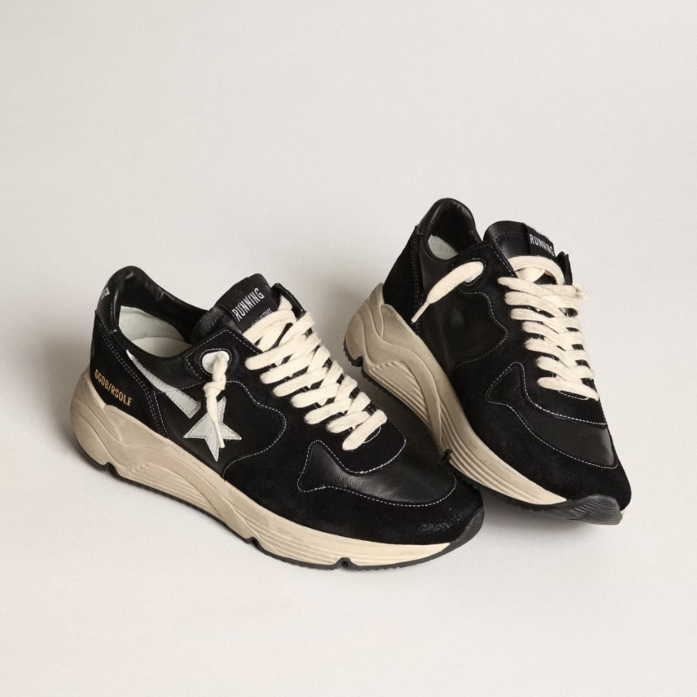 GGDB Running Sole In Black Nappa Leather And Suede With A White Star Designer Sneakers for Men