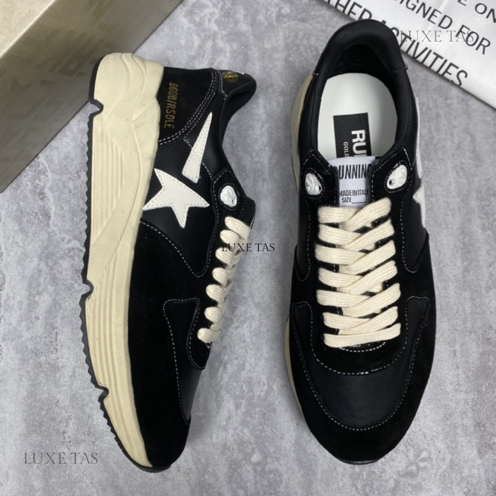 GGDB Running Sole In Black Nappa Leather And Suede With A White Star Designer Sneakers for Men