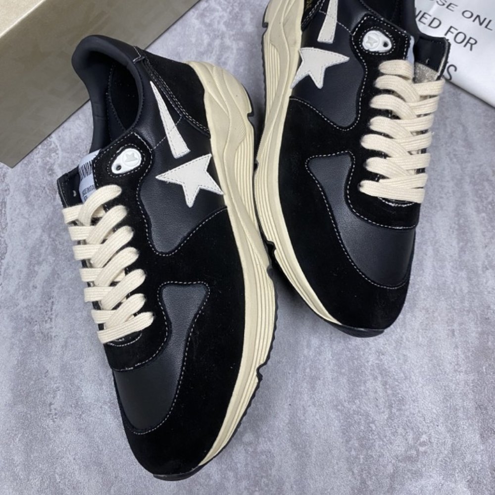 GGDB Running Sole In Black Nappa Leather And Suede With A White Star Designer Sneakers for Men
