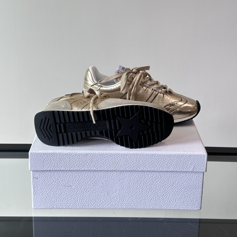 Gold-Tone Crinkled Lambskin and Laminated Calfskin D-Sketch Sneaker Designer Sneakers for Women