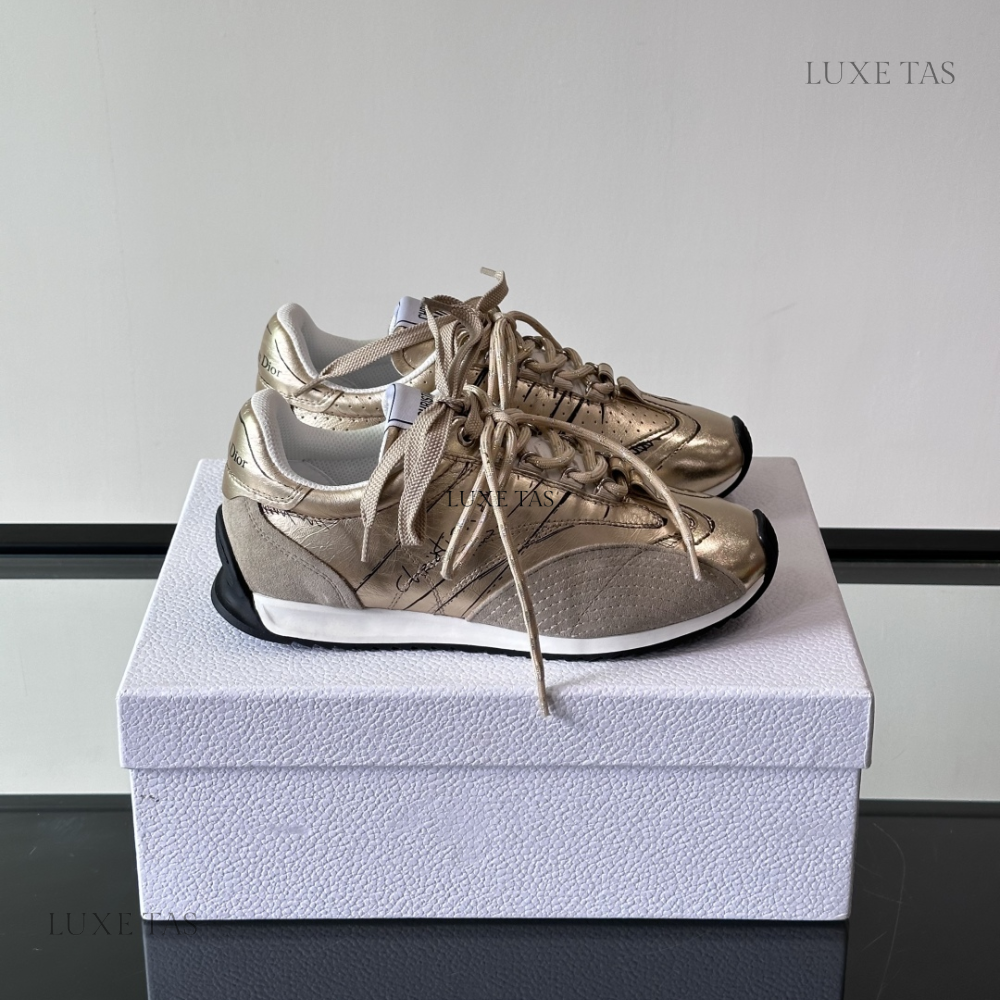 Gold-Tone Crinkled Lambskin and Laminated Calfskin D-Sketch Sneaker Designer Sneakers for Women