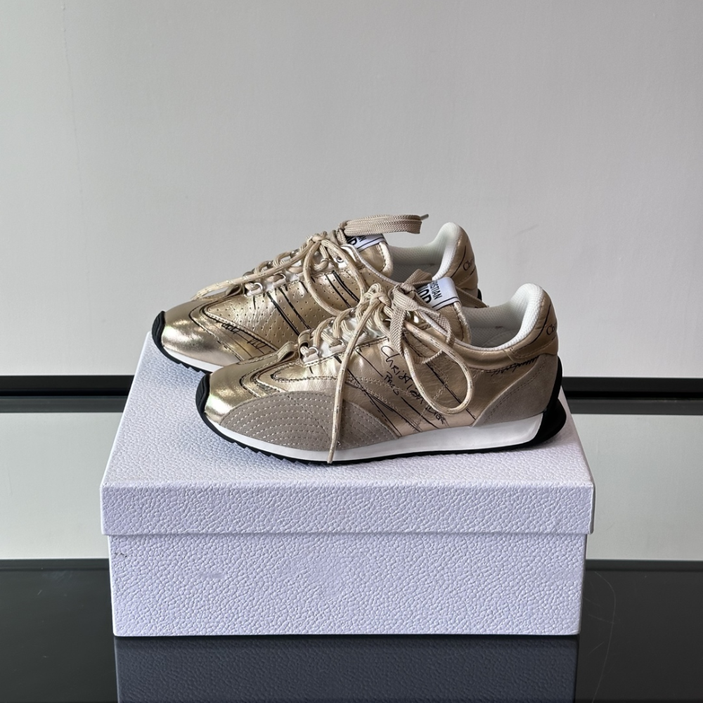 Gold-Tone Crinkled Lambskin and Laminated Calfskin D-Sketch Sneaker Designer Sneakers for Women