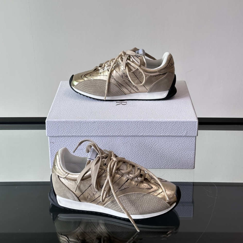 Gold-Tone Crinkled Lambskin and Laminated Calfskin D-Sketch Sneaker Designer Sneakers for Women