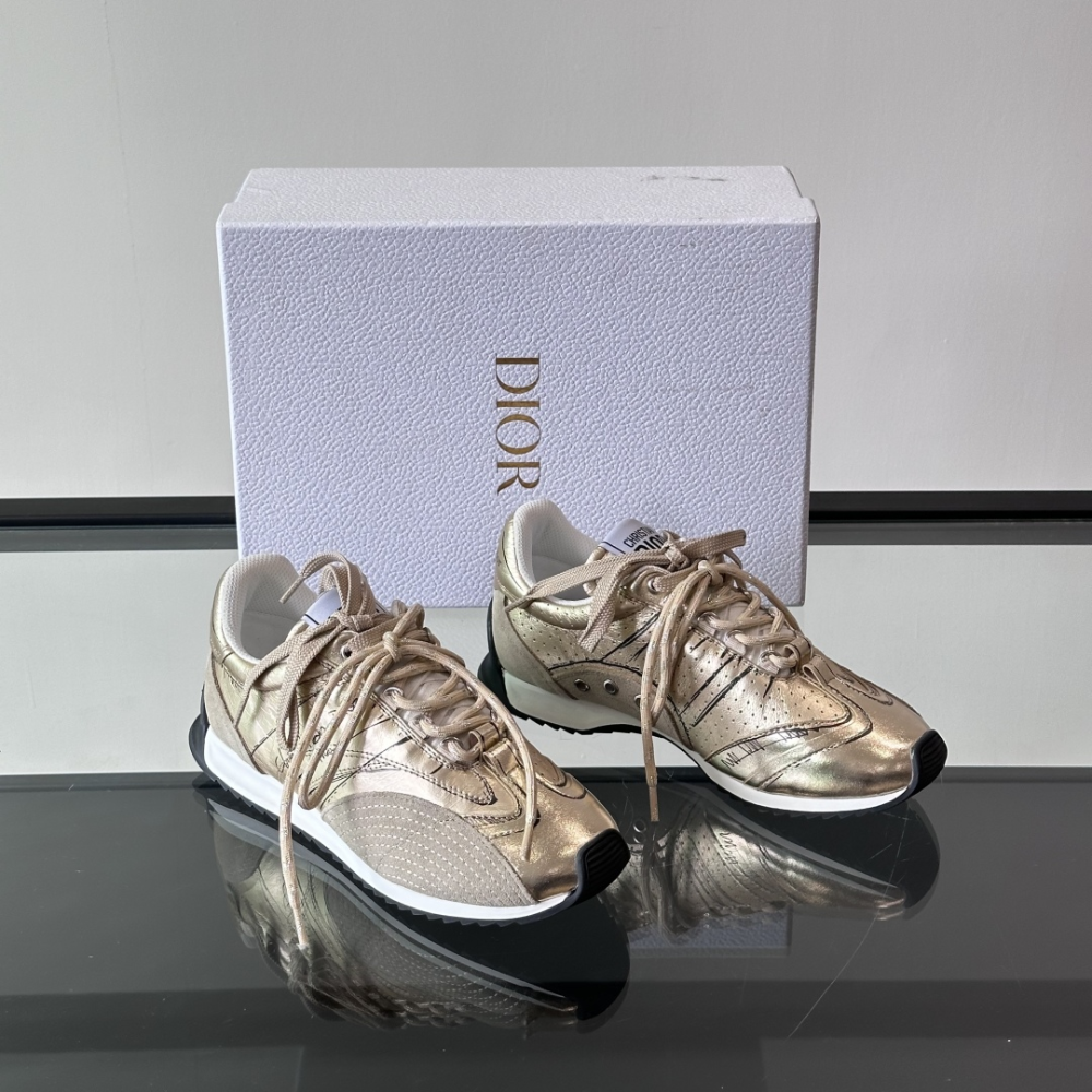 Gold-Tone Crinkled Lambskin and Laminated Calfskin D-Sketch Sneaker Designer Sneakers for Women