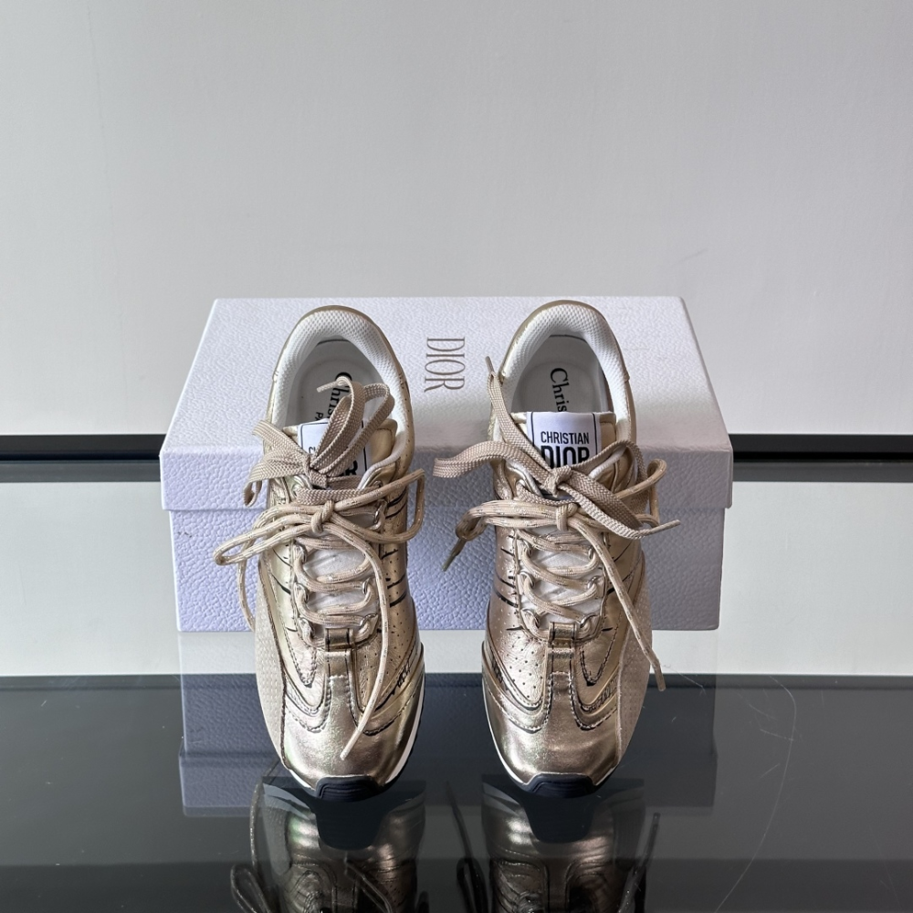 Gold-Tone Crinkled Lambskin and Laminated Calfskin D-Sketch Sneaker Designer Sneakers for Women