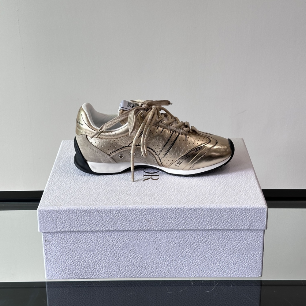 Gold-Tone Crinkled Lambskin and Laminated Calfskin D-Sketch Sneaker Designer Sneakers for Women