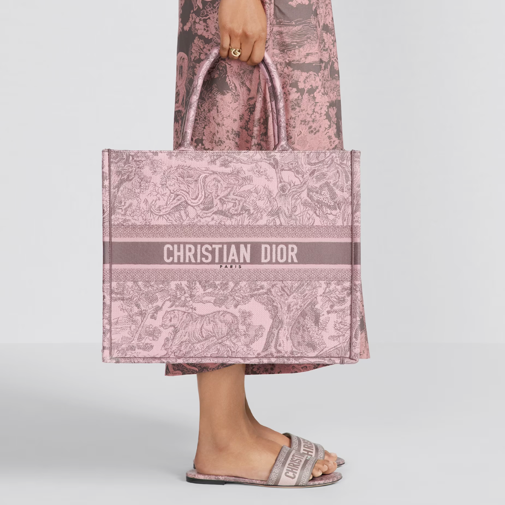 Gray and Pink Toile de Jouy Reverse Mykonos Embroidery Larg D Book Tote