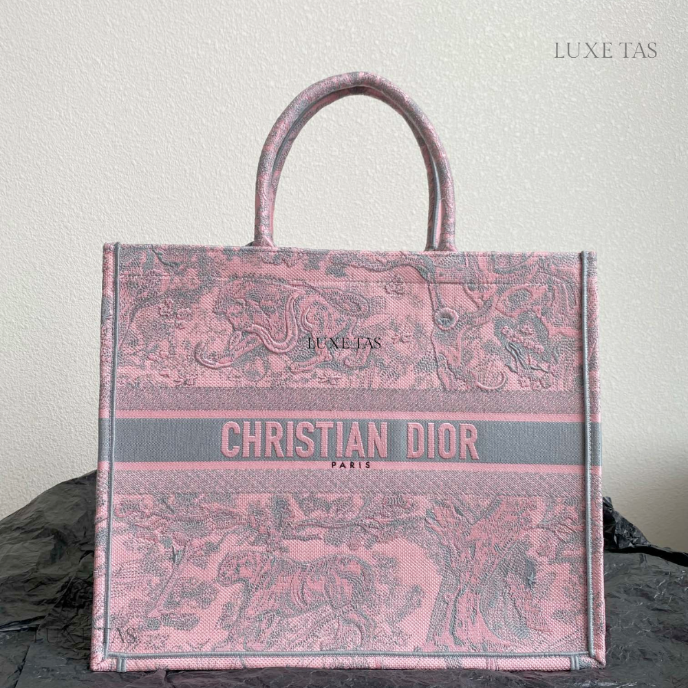 Gray and Pink Toile de Jouy Reverse Mykonos Embroidery Larg D Book Tote