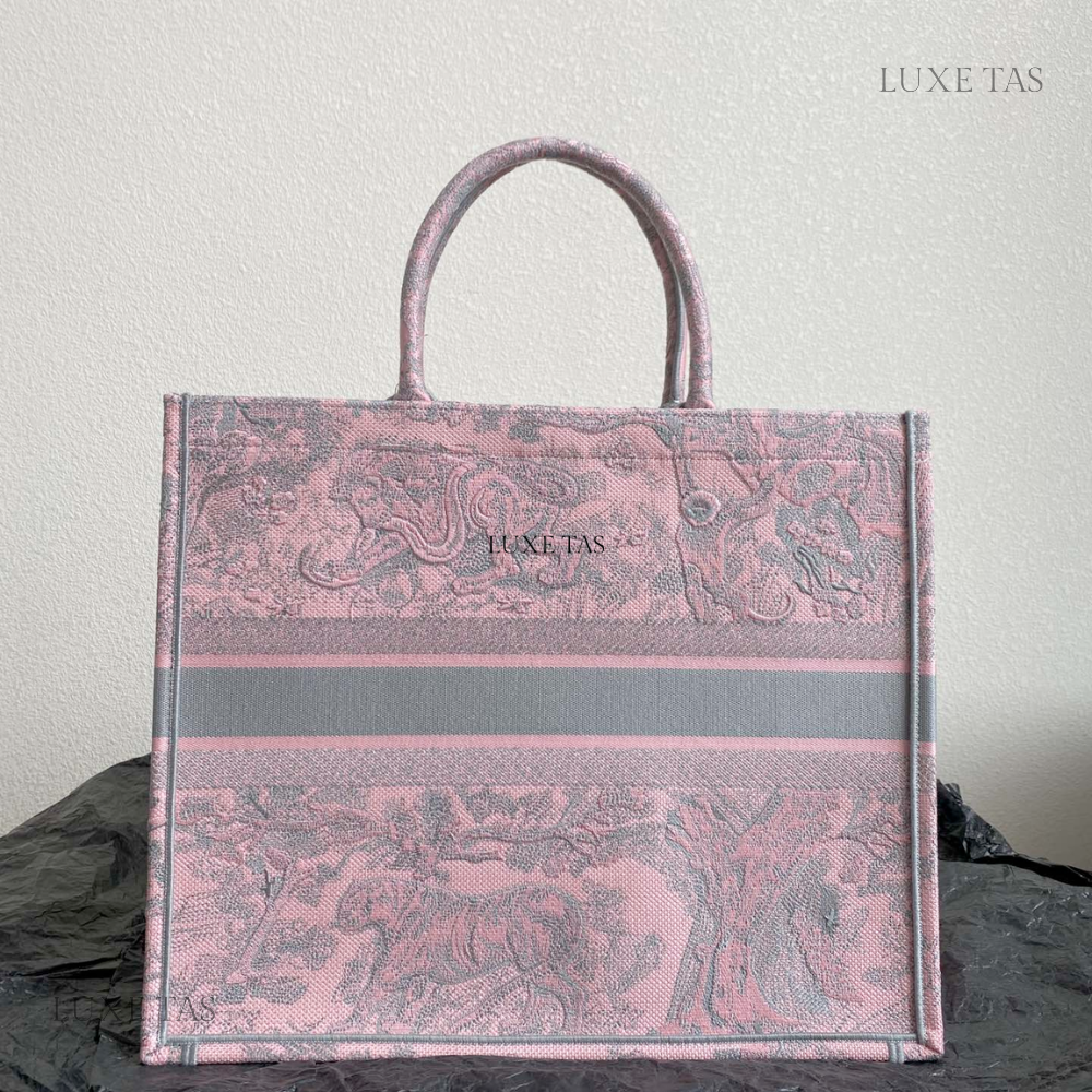 Gray and Pink Toile de Jouy Reverse Mykonos Embroidery Larg D Book Tote