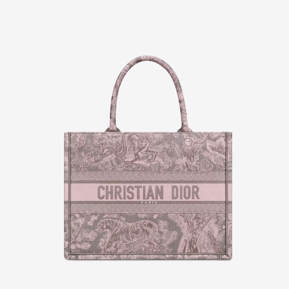 Gray and Pink Toile de Jouy Reverse Mykonos Embroidery Medium D Book Tote