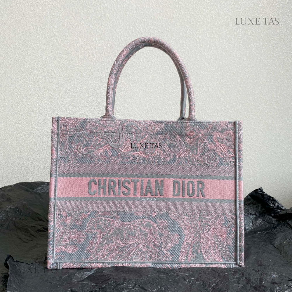 Gray and Pink Toile de Jouy Reverse Mykonos Embroidery Medium D Book Tote