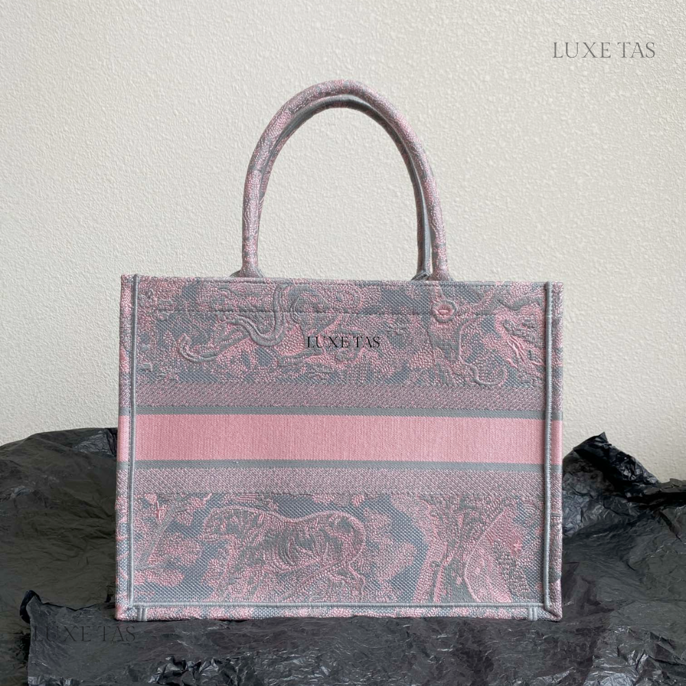 Gray and Pink Toile de Jouy Reverse Mykonos Embroidery Medium D Book Tote