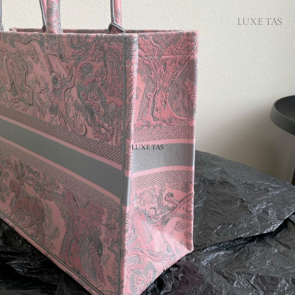 Gray and Pink Toile de Jouy Reverse Mykonos Embroidery Medium D Book Tote