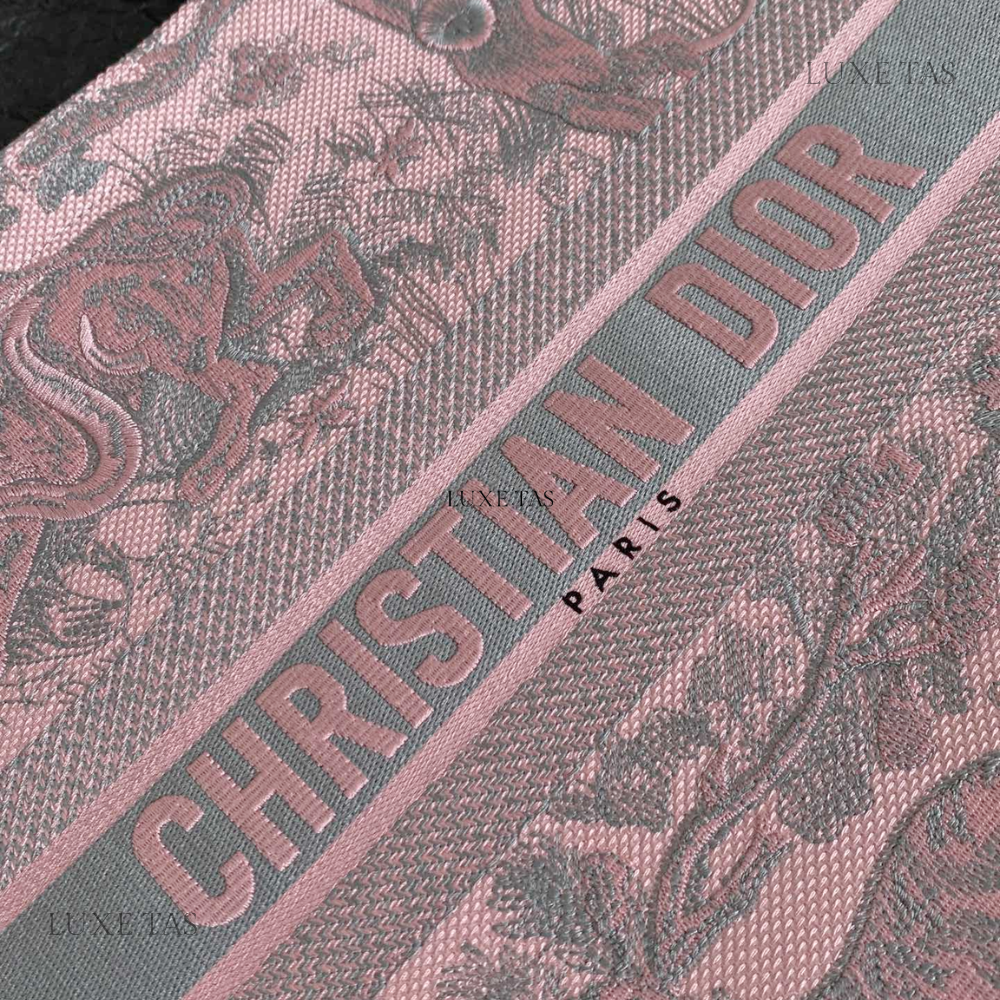 Gray and Pink Toile de Jouy Reverse Mykonos Embroidery Medium D Book Tote