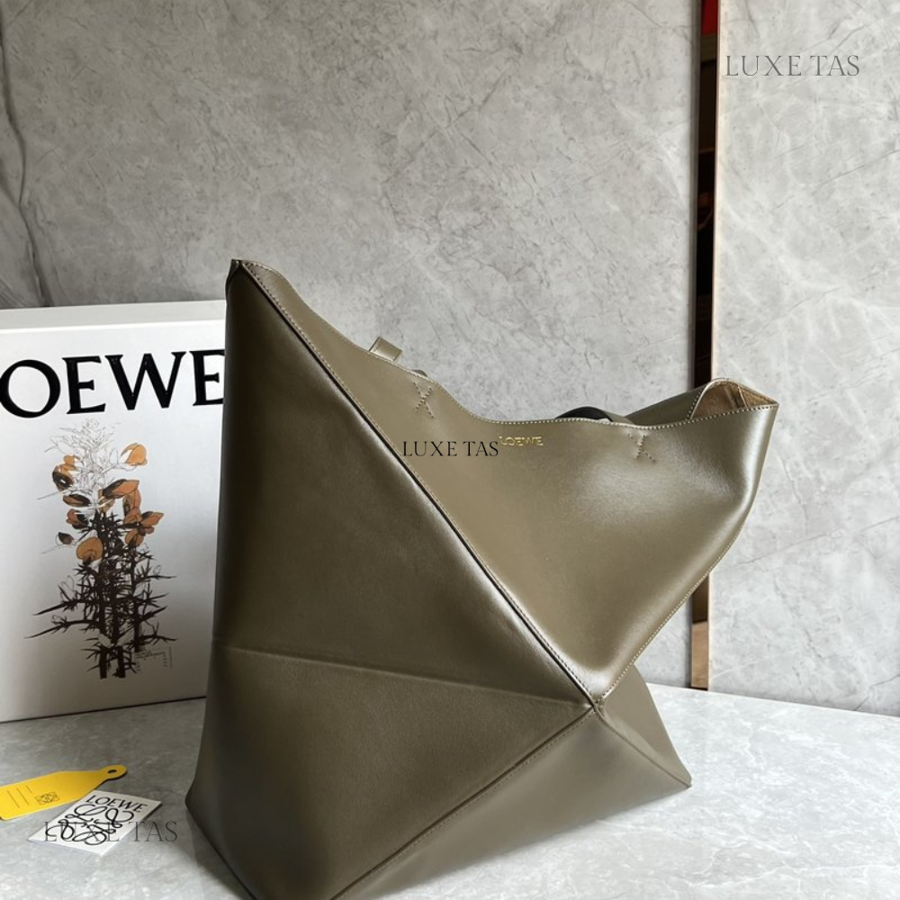 Hunter Green Large Puzzle Fold Tote In Shiny Calfskin - Leather Tote Bag for Women