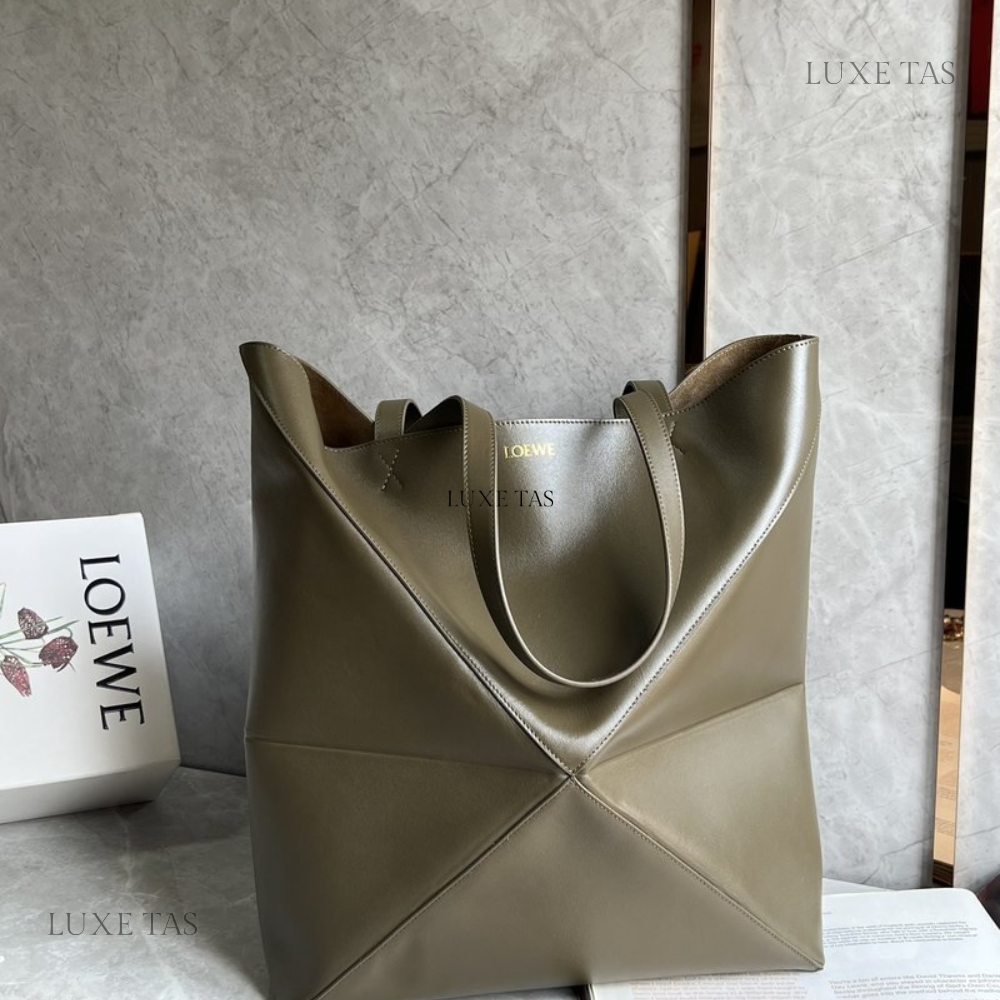 Hunter Green Large Puzzle Fold Tote In Shiny Calfskin - Leather Tote Bag for Women