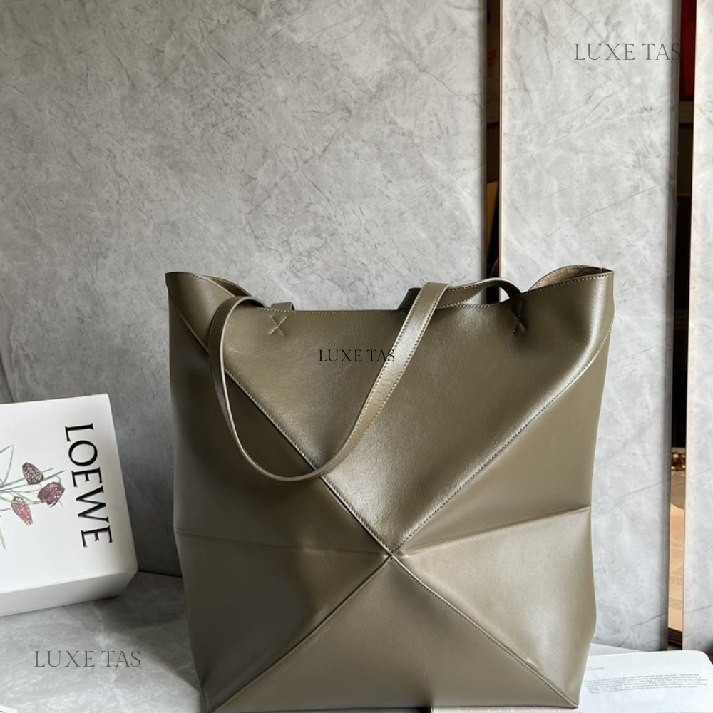 Hunter Green Large Puzzle Fold Tote In Shiny Calfskin - Leather Tote Bag for Women