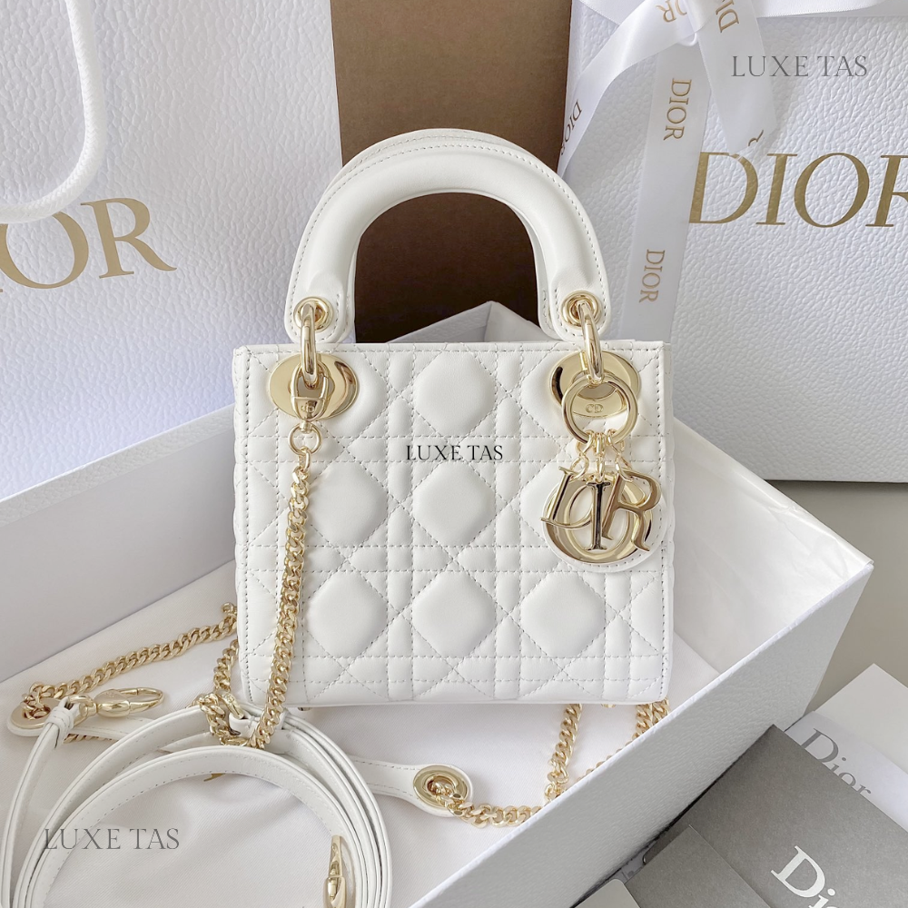 Latte Cannage Lambskin Mini Lady D Bag