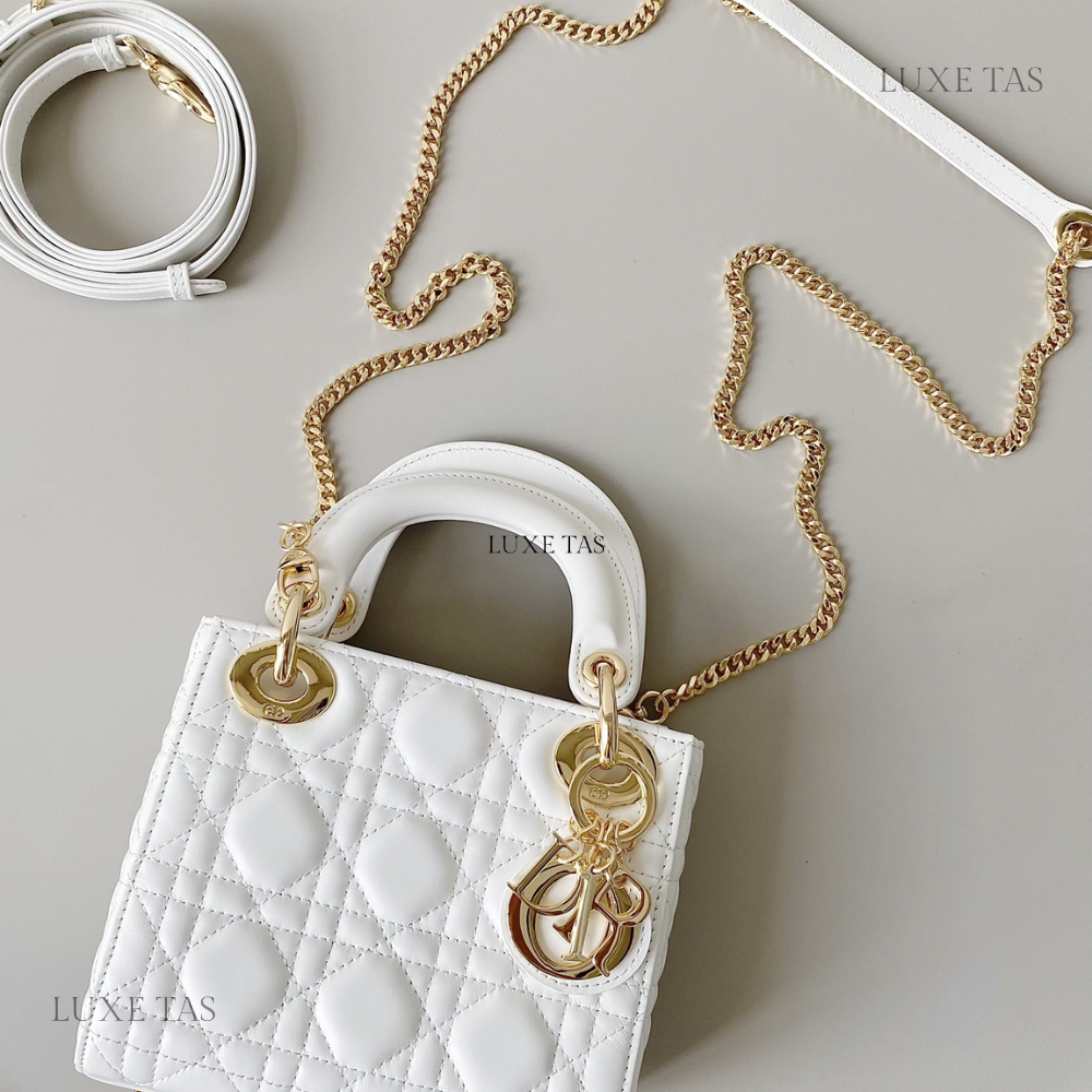 Latte Cannage Lambskin Mini Lady D Bag