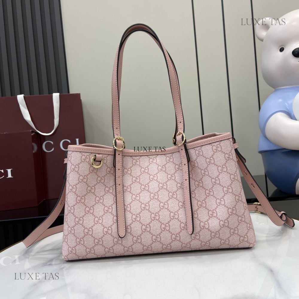 Light Pink Coated Fabric GG Emblem Medium Leather Tote Bag for Women