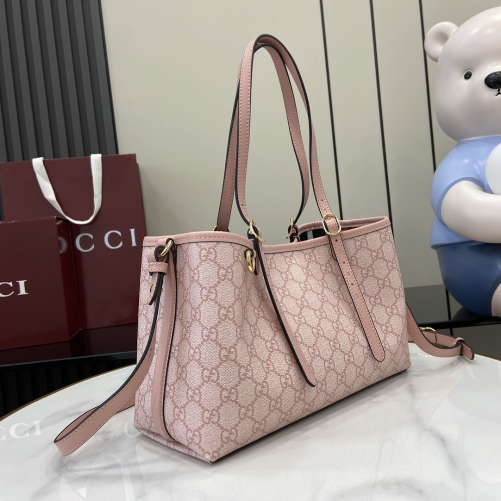 Light Pink Coated Fabric GG Emblem Medium Leather Tote Bag for Women